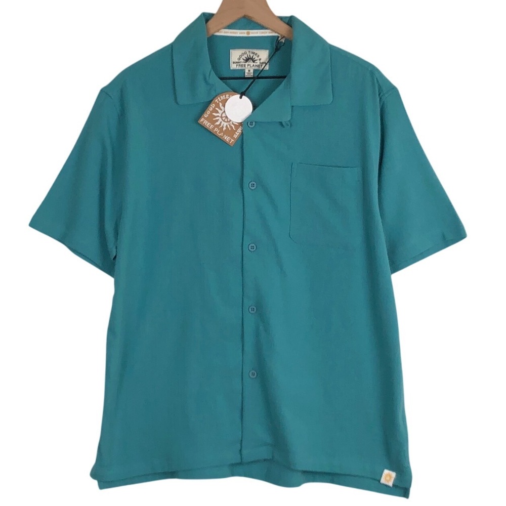 NWT‎ Free Planet 100% Cotton Loop Collar Camp Shirt Men's M Teal Button Up NEW